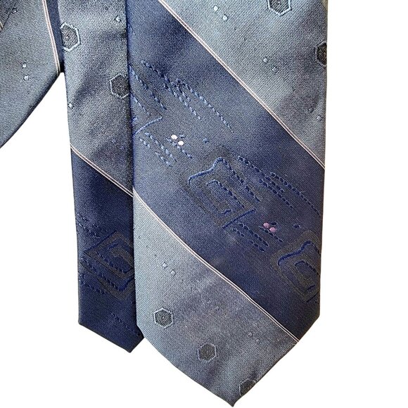 Vintage 70s Blue Silk Neck Tie Men Accessories Geometric Embroidered Formal Work - Picture 11 of 16